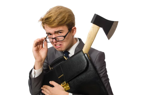 Jovem empresário com machado isolado em branco — Fotografia de Stock