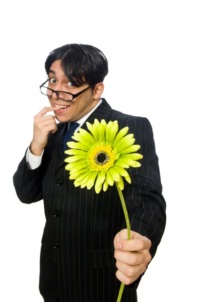 Young man in black costume with flower isolated on white — Stock Photo, Image