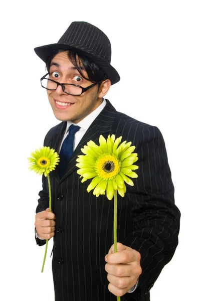 Giovane in costume nero con fiore isolato su bianco — Foto Stock