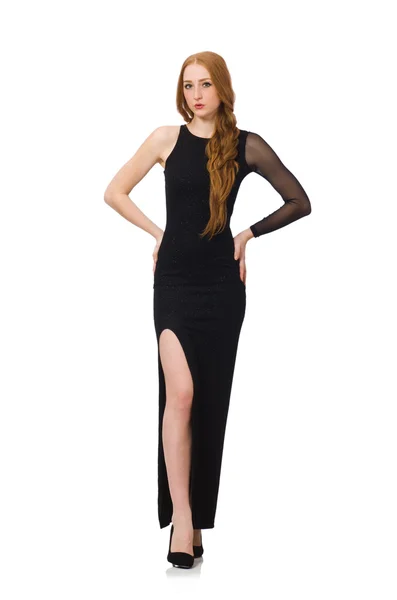 Jonge dame in elegante zwarte jurk geïsoleerd op wit — Stockfoto