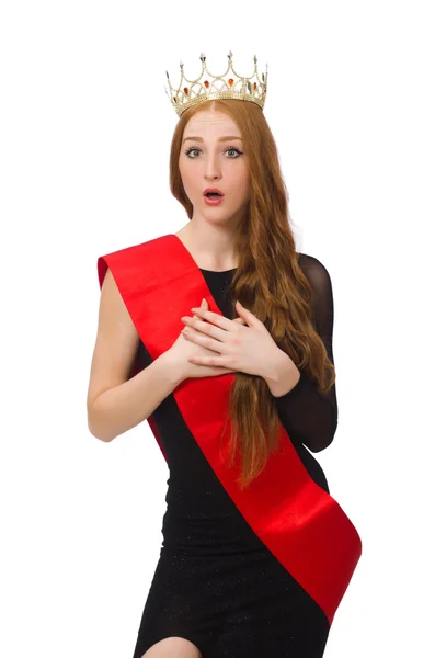 Jovem senhora em elegante vestido preto isolado no branco — Fotografia de Stock