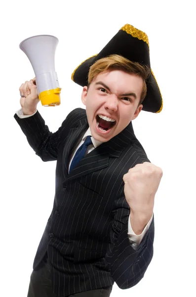 Young man in costume with pirate hat and megaphone isolated on w — Stock Photo, Image