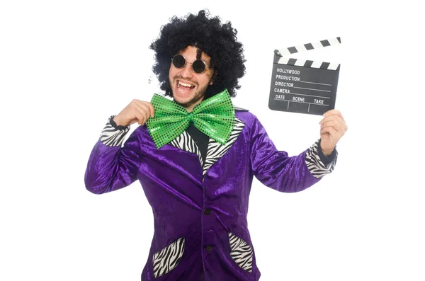 Funny man in wig with clapper board isolated on white — Stock Photo, Image
