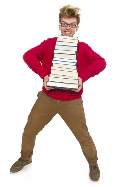 Funny student with books isolated on white — Stock Photo, Image