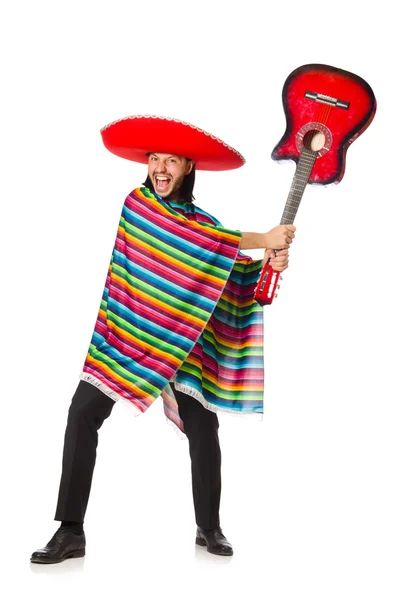 Meksikalı gitar üzerinde beyaz izole tutan canlı panço — Stok fotoğraf