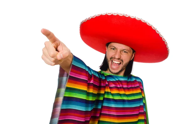 Bonito homem em poncho vívido isolado em branco — Fotografia de Stock