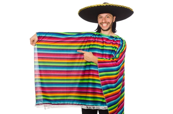 Bonito homem em poncho vívido isolado em branco — Fotografia de Stock