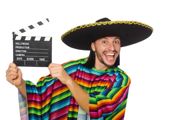 Bonito homem em poncho vívido isolado em branco — Fotografia de Stock