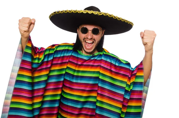 Schöner Mann in lebendigem Poncho isoliert auf weiß — Stockfoto