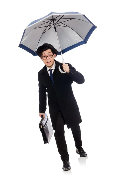 Young man holding suitcase and umbrella isolated on white — Stock Photo, Image