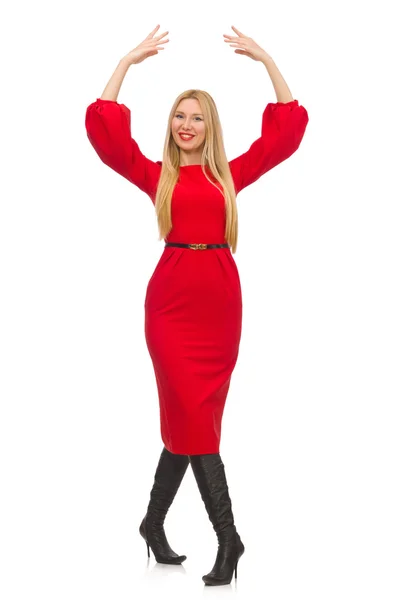 Hermosa mujer en vestido largo rojo aislado en blanco —  Fotos de Stock