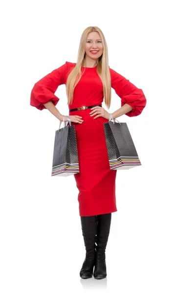 Vacker kvinna i röd lång klänning — Stockfoto
