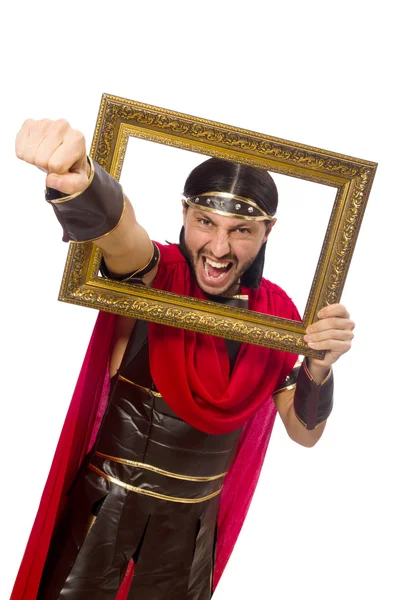 Gladiator holding picture frame isolated on white — Stock Photo, Image