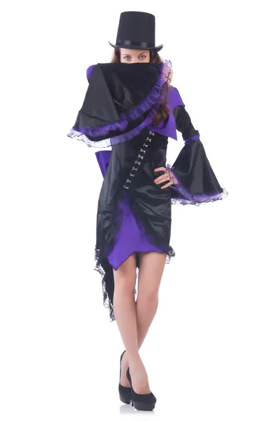 Flicka bär violett och svart klänning isolerad på vit — Stockfoto