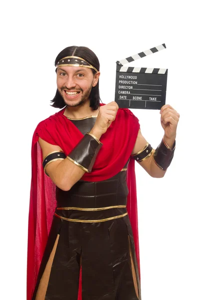 Gladiator with clapper-board isolated on white — Stock Photo, Image