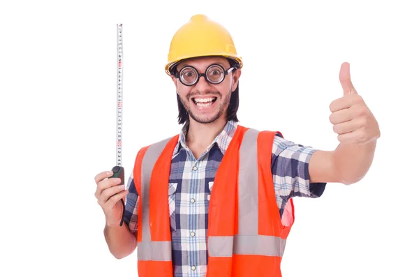 Funny constructon worker with tape-line isolated on white — Stock Photo, Image