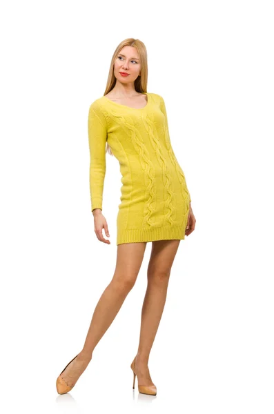Chica bonita en vestido amarillo aislado en blanco — Foto de Stock