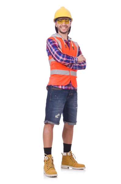 Young construction worker in helmet and briefs isolated on white — Stock Photo, Image