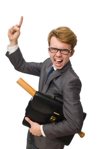 Young businessman with baseball bat isolated on white — Stock Photo, Image