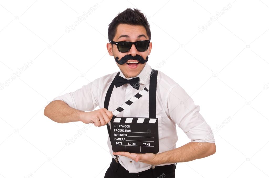 Whiskered young man with clapperboard isolated on white