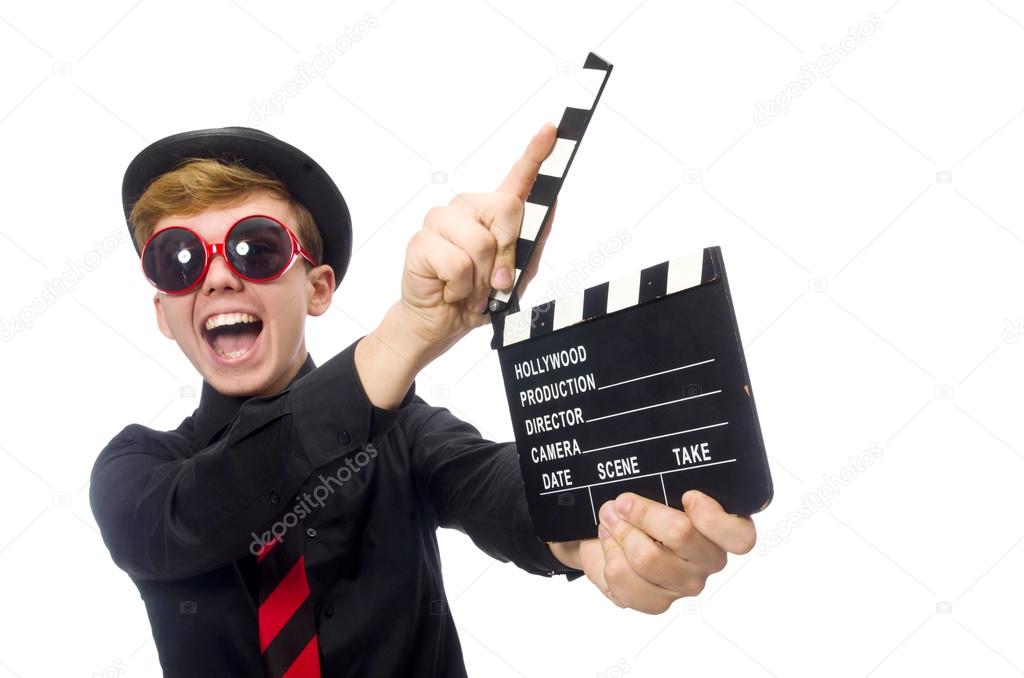 Positive boy with clapper board isolated on white
