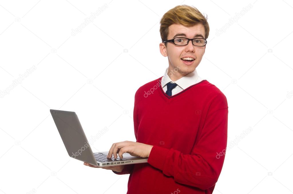 Student using laptop isolated on white