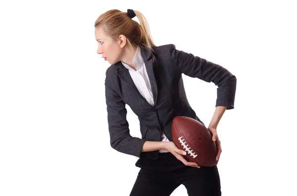 Hübsche Büroangestellte mit Rugbyball — Stockfoto