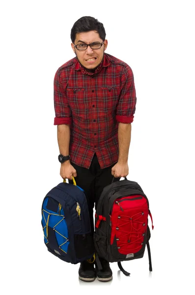 Jeune homme avec des sacs isolés sur blanc — Photo