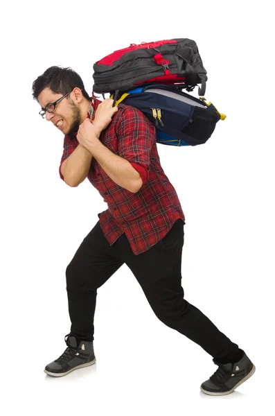 Joven con bolsas aisladas en blanco —  Fotos de Stock