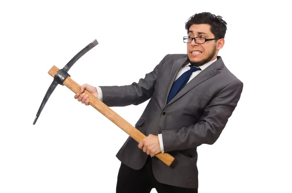 Mladý podnikatel drží nástroj izolovaný na bílém — Stock fotografie