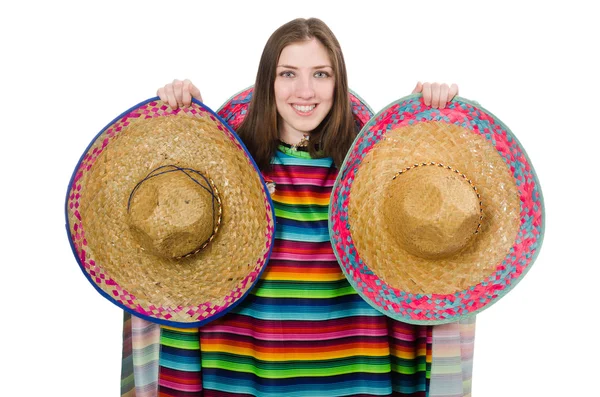 Pretty mexican girl in vivid poncho isolated on white — Stock Photo, Image