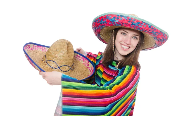 Menina mexicana bonita em poncho vívido isolado em branco — Fotografia de Stock