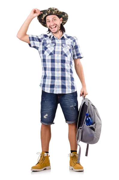 Viajero joven con mochila aislada en blanco — Foto de Stock