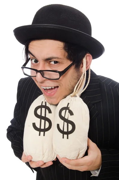 Mladý zaměstnanec drží peníze tašky — Stock fotografie