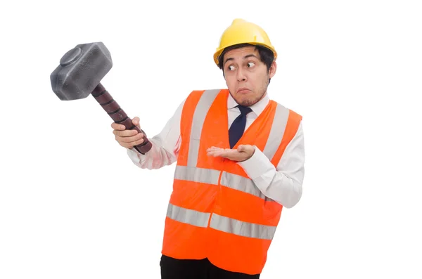 Byggnadsarbetare med hammare isolerad på vitt — Stockfoto