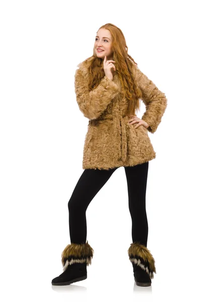 Redhead girl in fur coat isolated on white — Stock Photo, Image