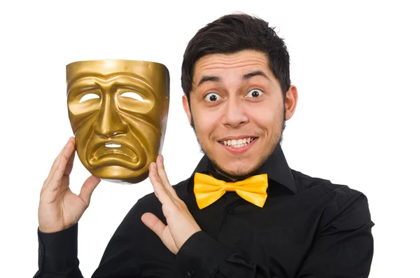 Молодой человек в золотой венецианской маске, изолированный на белом — стоковое фото