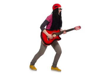 Kadın gitarist beyaz üzerine izole