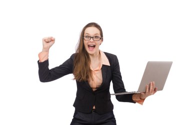 Bilgisayarlı çalışan bayan beyaza izole edildi.