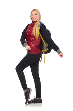 Sırt çantalı genç bir kız öğrenci beyaza izole edilmiş.