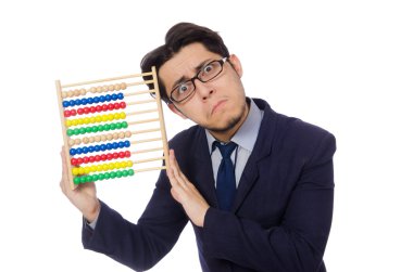 Komik işadamı ile üzerine beyaz izole abacus