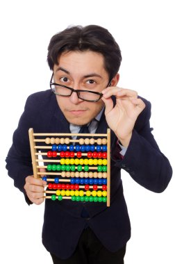 Komik işadamı ile üzerine beyaz izole abacus