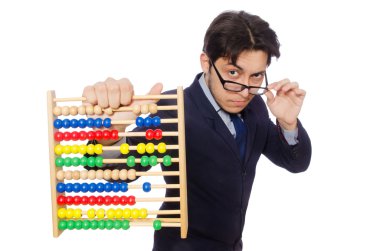 Komik işadamı ile üzerine beyaz izole abacus