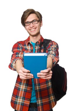 Kitapları beyaza saklanmış komik bir öğrenci.