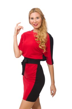 Kırmızı elbiseli güzel bayan beyazda soyutlanmış.