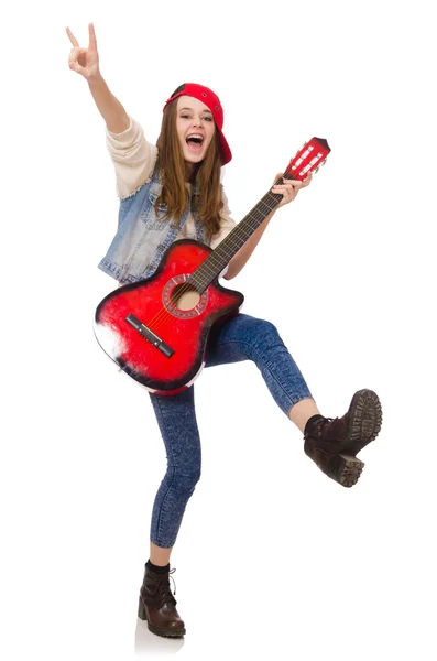 Jeune fille souriante avec guitare isolée sur blanc — Photo