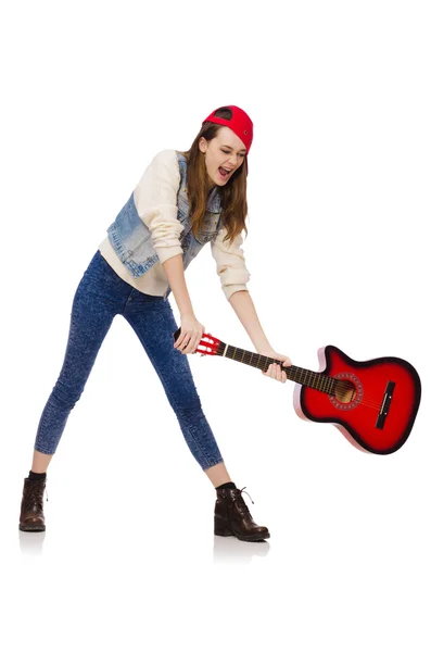 Menina sorrindo jovem com guitarra isolada no branco — Fotografia de Stock