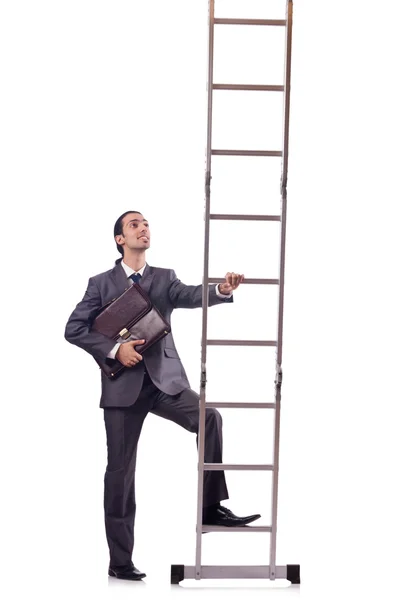 Zakenman klimmend op de ladder geïsoleerd op wit — Stockfoto