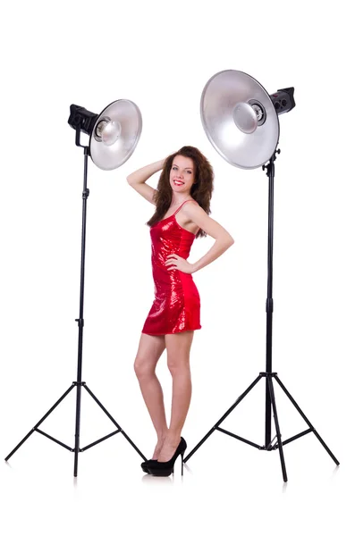 Woman in red dress posing in the studio — Stock Photo, Image