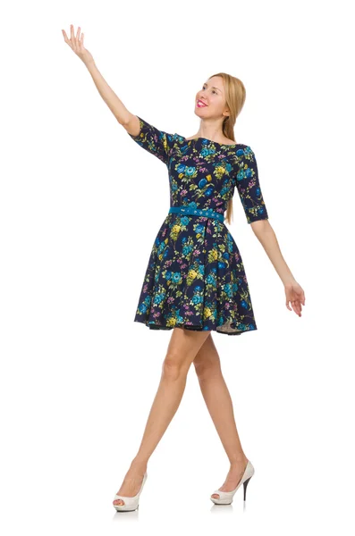 Woman in dark blue floral dress — Stock Photo, Image